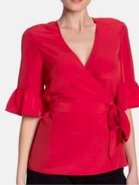 Draper James red wrap blouse with tie waist
